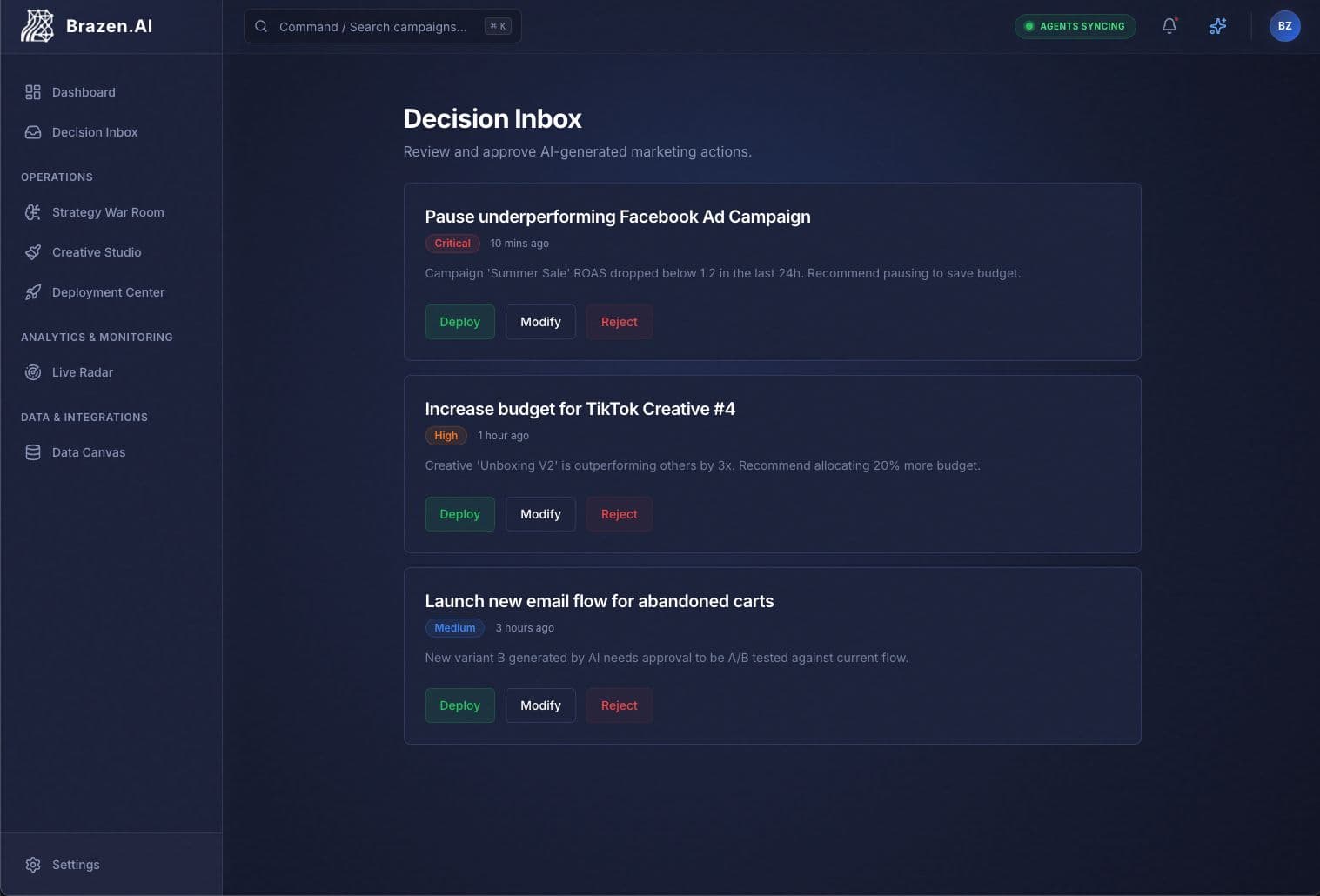 Brazen.AI Decision Inbox — human-in-the-loop approvals